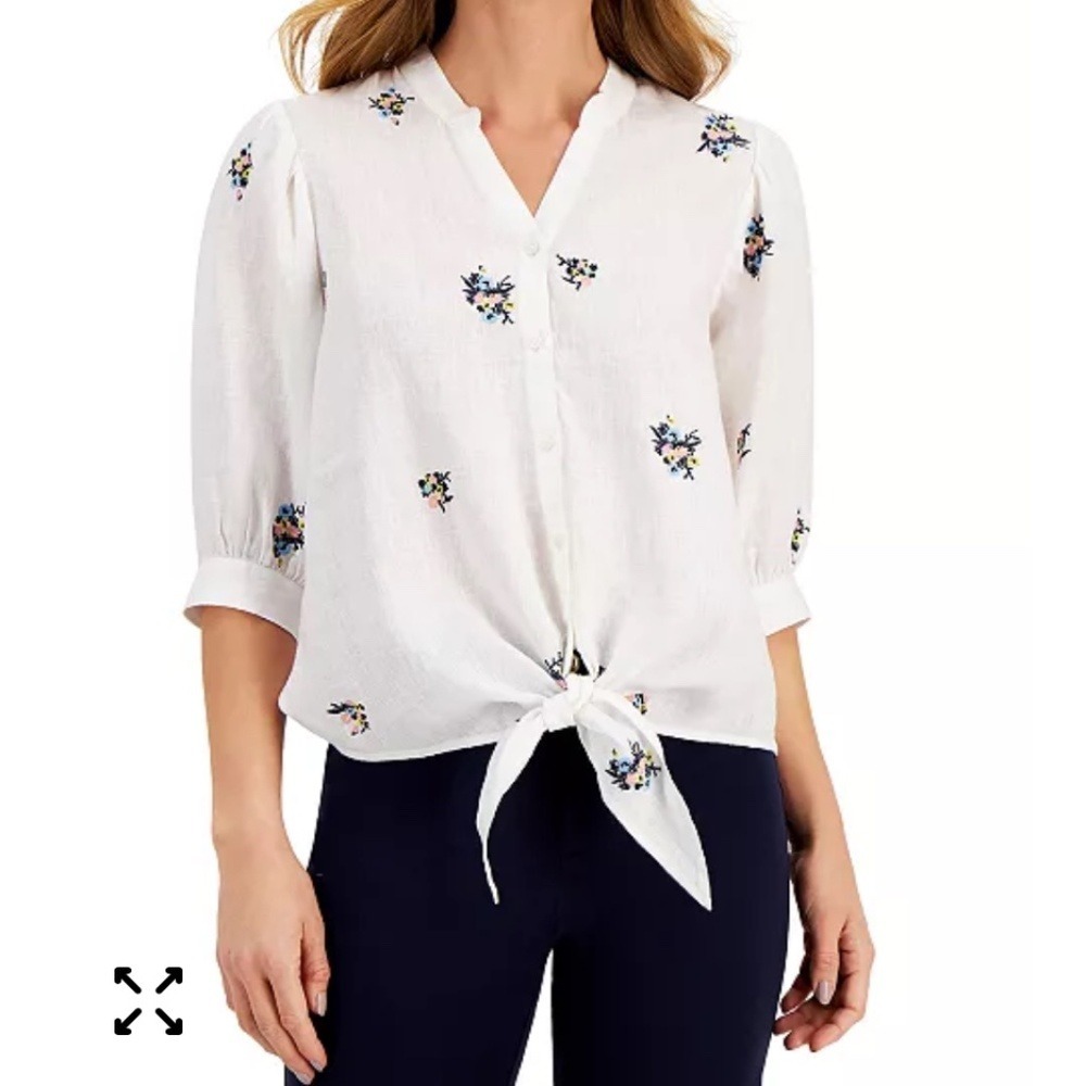 Charter Club 100% Linen Floral Embroidered Tie-Front Top M White‎